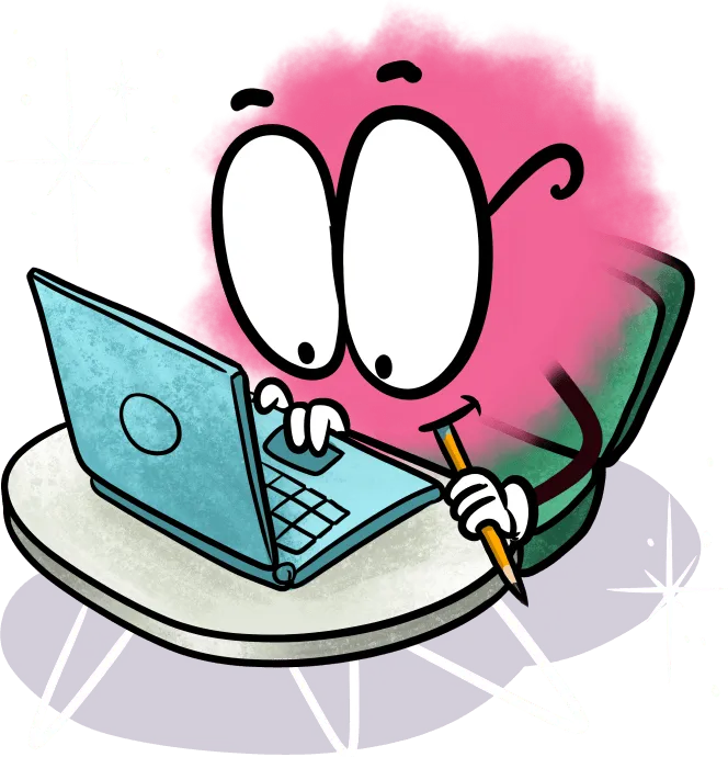 Sketchy learning mascot, Puff, at a desk, sitting at a computer